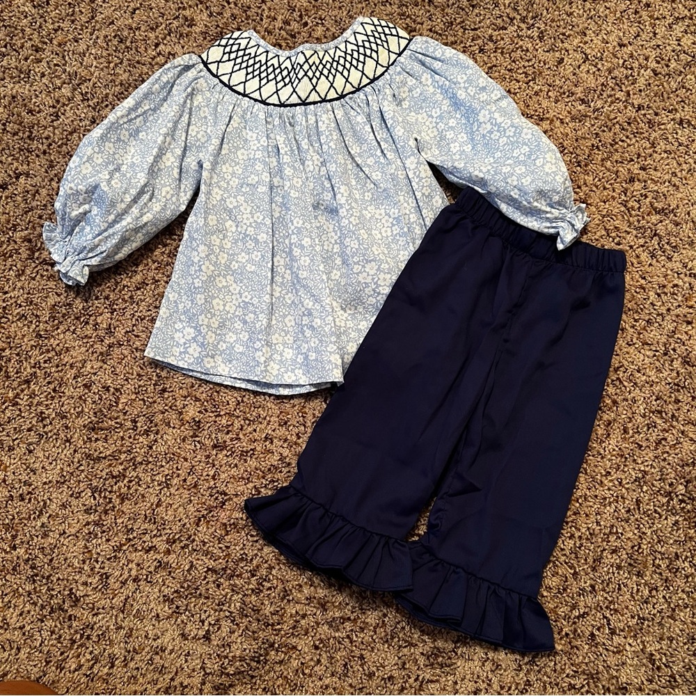 Sweet Peach Smocks Light Blue Floral Smocked Pant Set